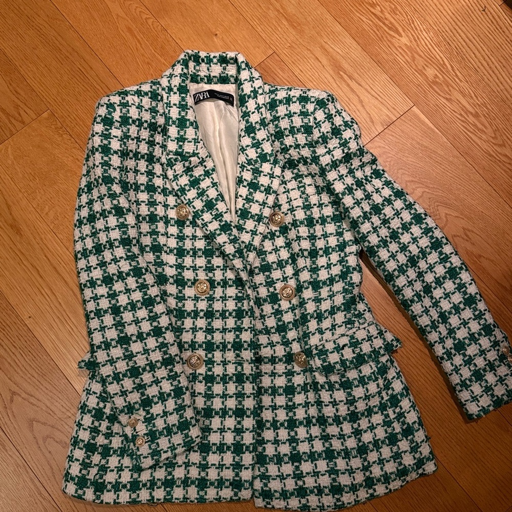 Zara Emerald and Ivory Tweed Blazer